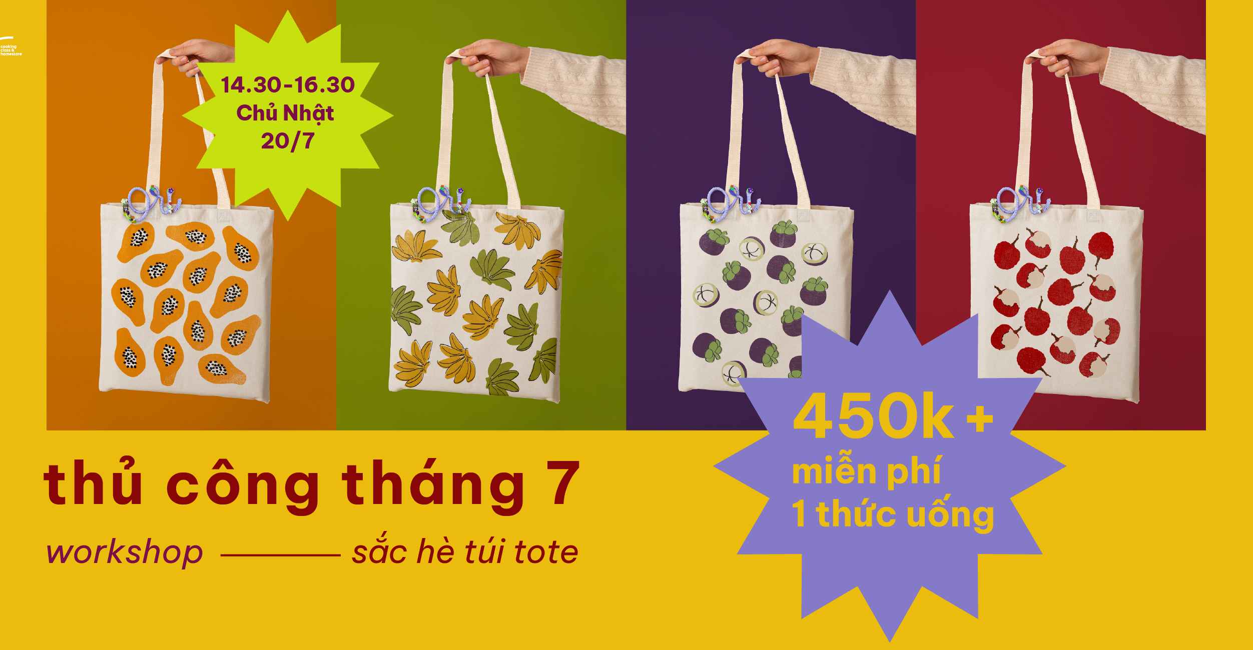 Banner sự kiện WORKSHOP IN TAY TRÊN TÚI TOTE VÀ LÀM CHỮ CÁI TREO TÚI