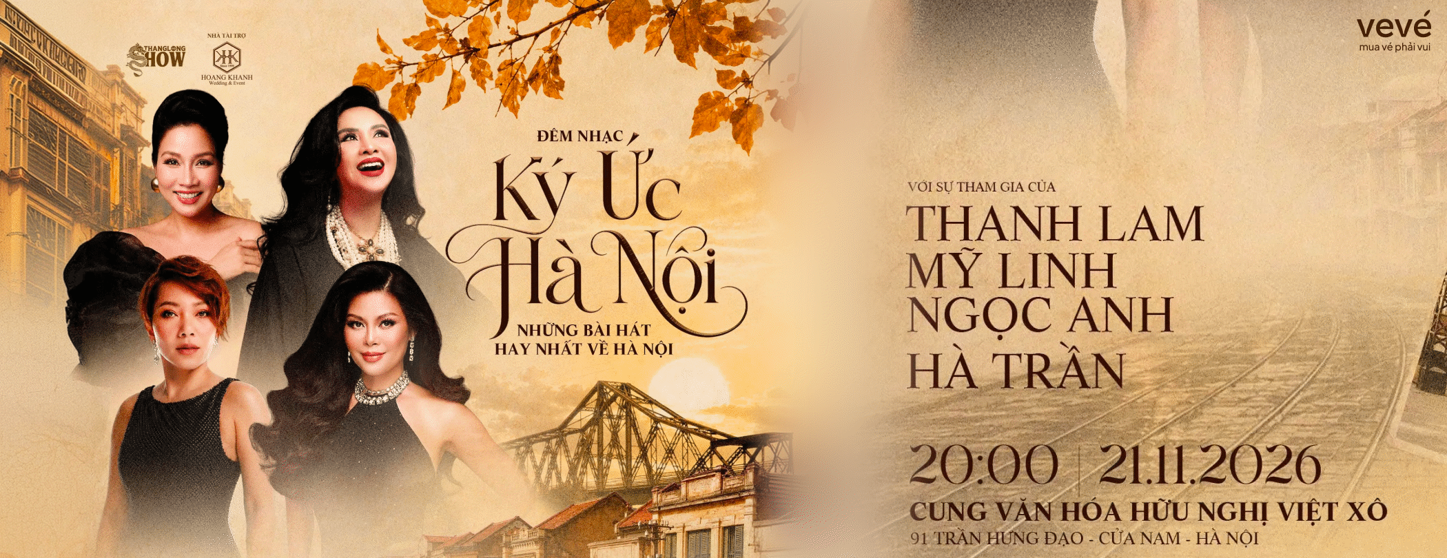 Banner sự kiện Đêm nhạc "Ký ức Hà Nội" - Thanh Lam, Mỹ Linh, Ngọc Anh, Hà Trần